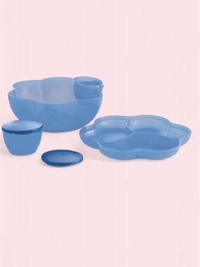 Vintage Tupperware ChipNDip Blue Floral Serving Bowl and Divider Snack Tray Set